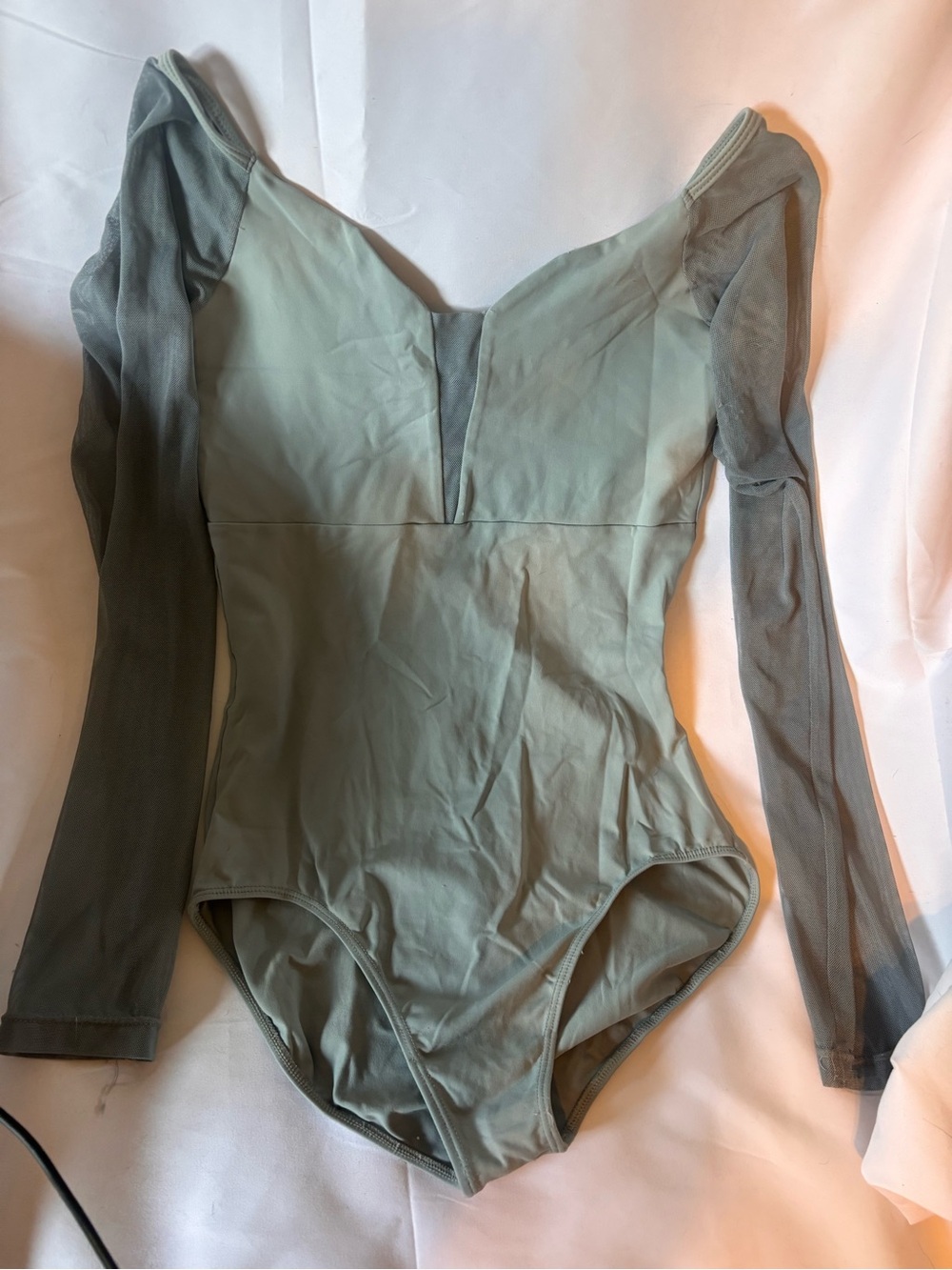 Women’s Long Sleeve Mesh-Sleeve Leotard in Sage Green